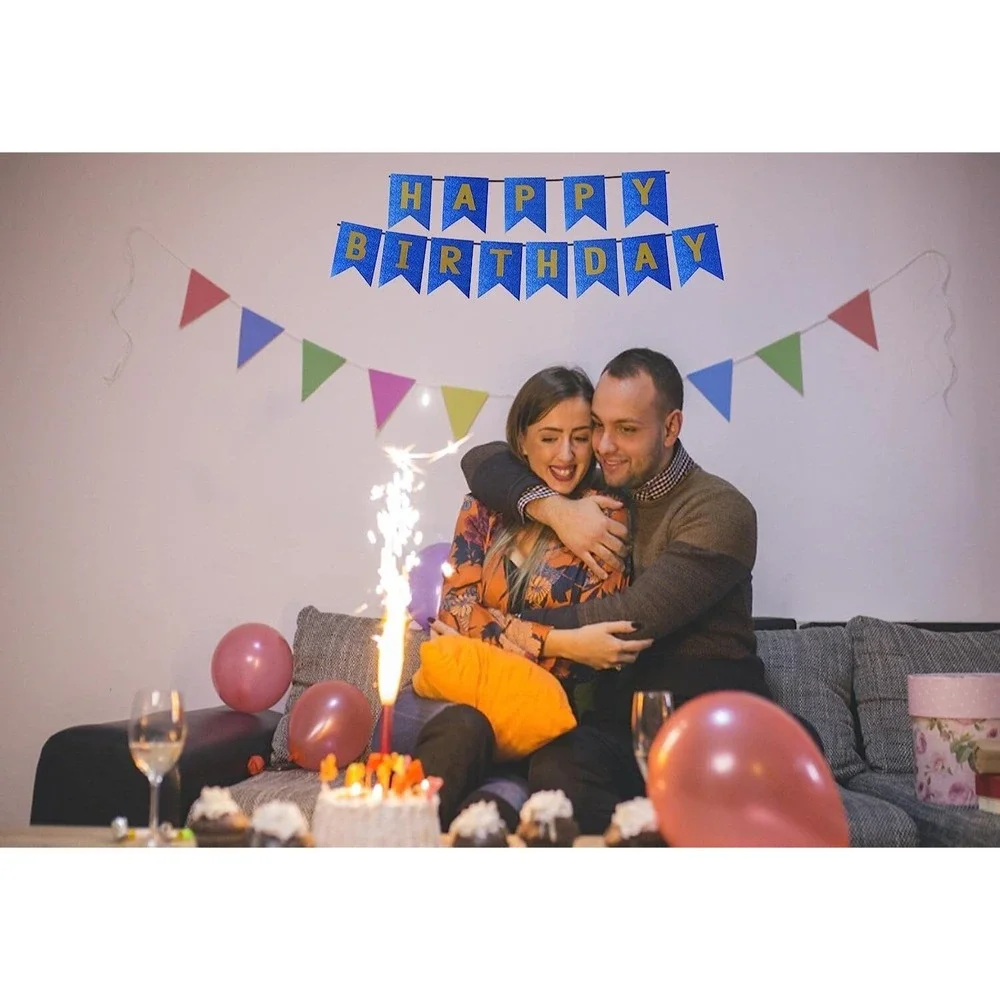 Blue Gold Happy‎ Birthday Banner – Backdrop Sign for Party Decorations